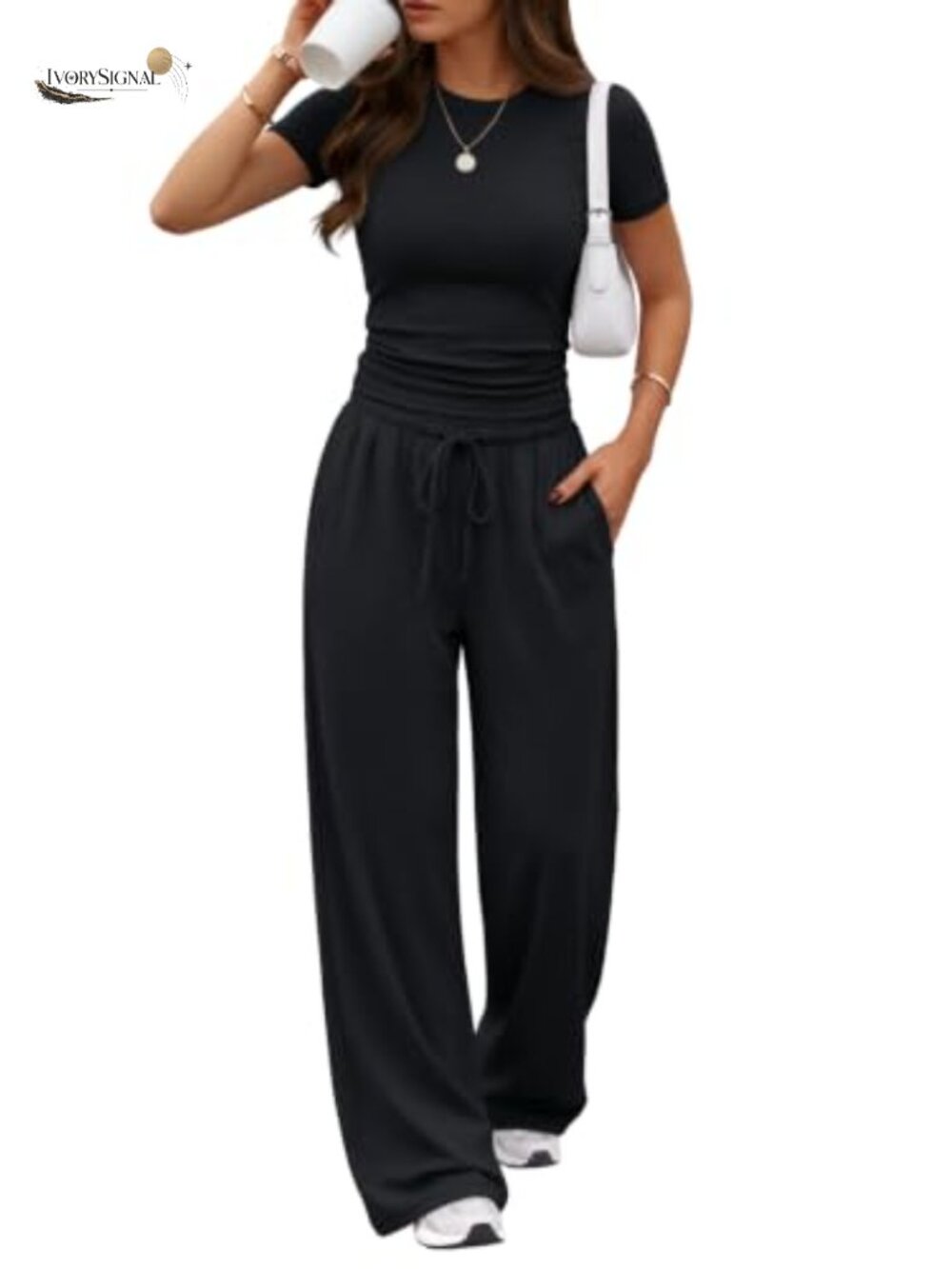 Women's 2 Piece Lounge Set Short Sleeve Wide Leg Pants with Pockets